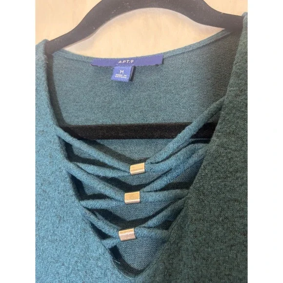 Apt 9 Dark Teal V Neck Stretch 3/4 Sleeve Dress Women Pockets Sz M Z14 - Picture 2 of 4